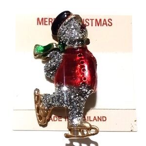 NOS Gold Tone Glitter Enamel Ice Skating Snowman Holiday Brooch